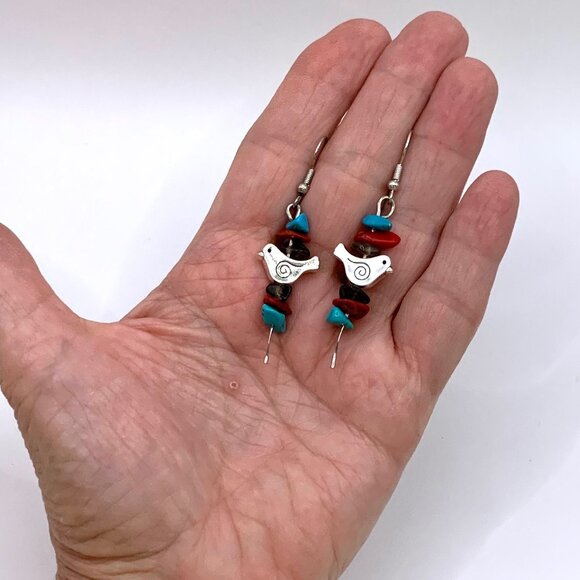 Turquoise Coral Smokey Quartz Chips Silver tone Handmade Pierced Earrings LR146 - Picture 2 of 3